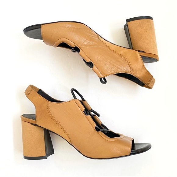 3.1 Phillip Lim Drum brown tan black leather silk lace up slingback chunky heels - Picture 4 of 12